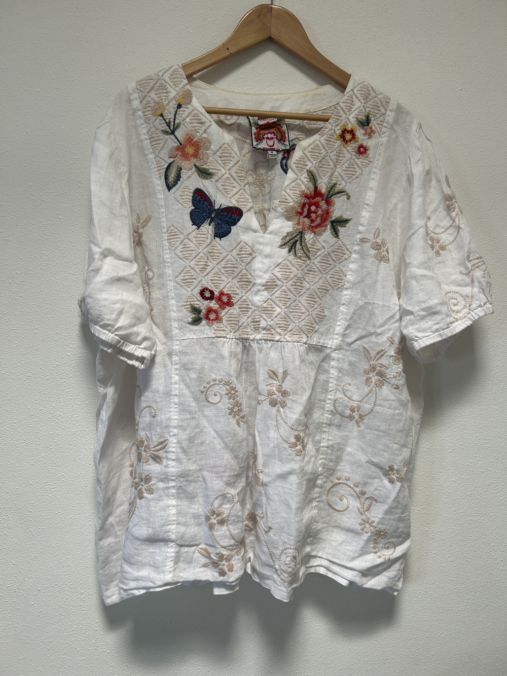 Johnny Was Embroidered Floral & Butterfly Peasant Blouse - White